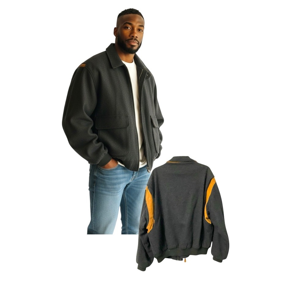 Nordstrom Mens Wool Blend Bomber Jacket Tan Leather Accents Dark Gray Size L